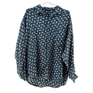 STRUCTURE Silk Long Sleeve Button Up Paisley Blouse • Large • black, white, blue